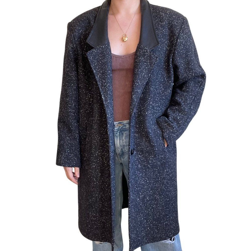 Vintage 80s Womens Hunters Run Black Wool Speckle Leather Collar Trench Coat
